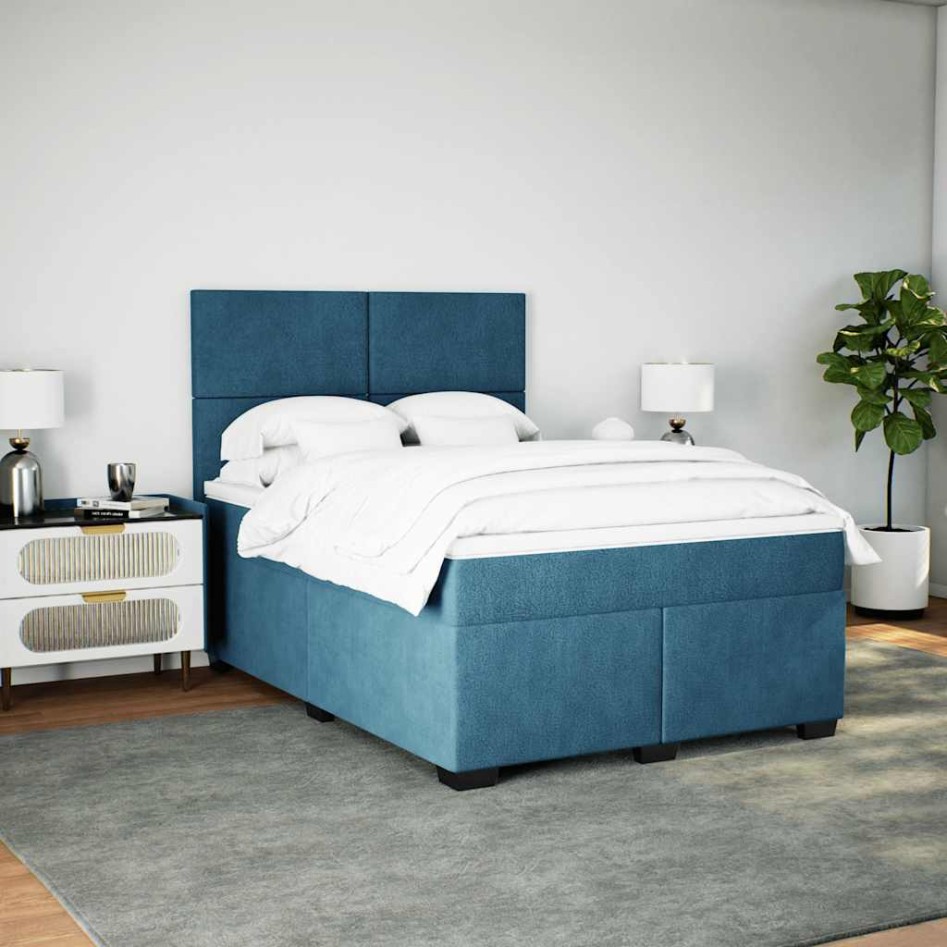 Cama box spring con colchón terciopelo azul 140x190