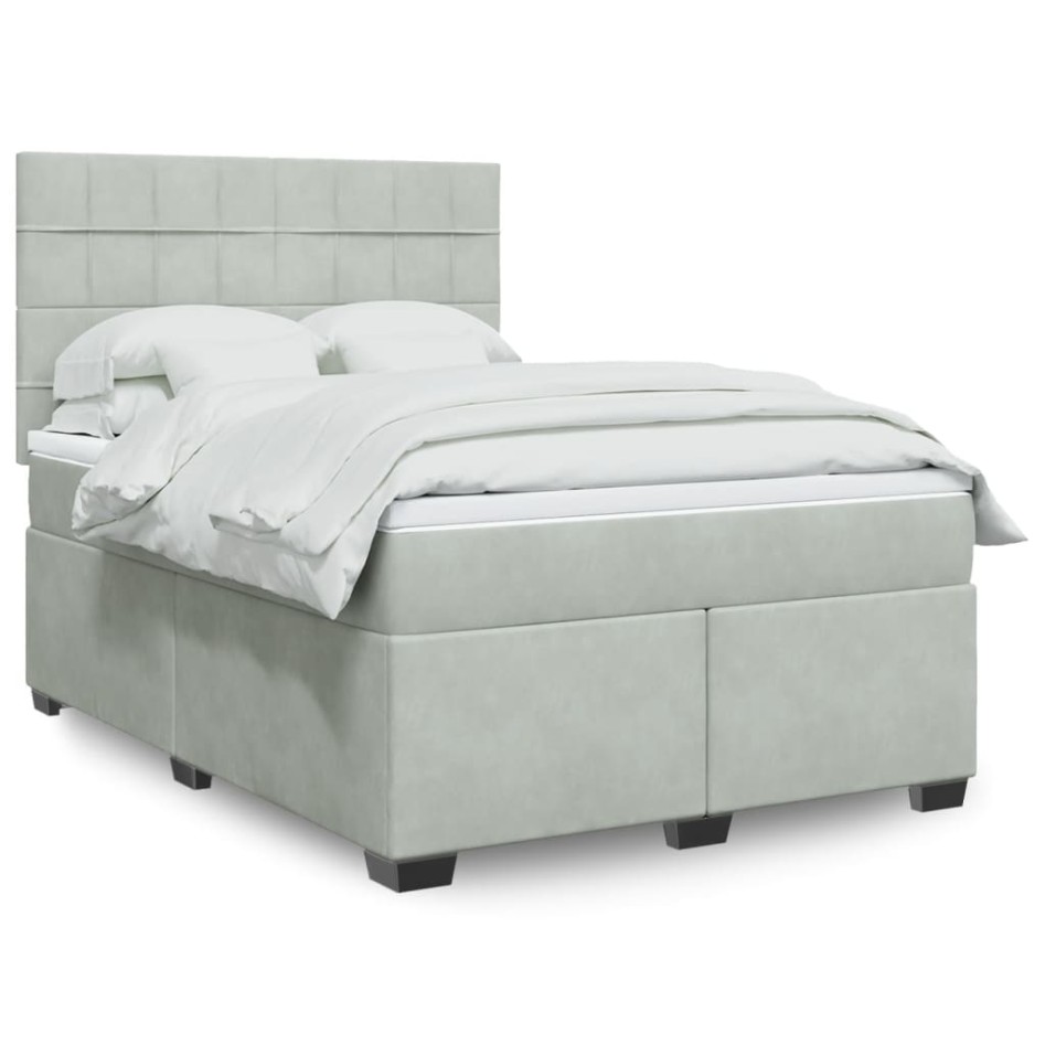 Cama box spring con colchón terciopelo gris claro 140x190