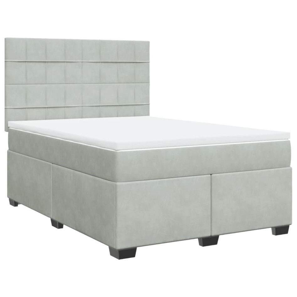 Cama box spring con colchón terciopelo gris claro 140x190