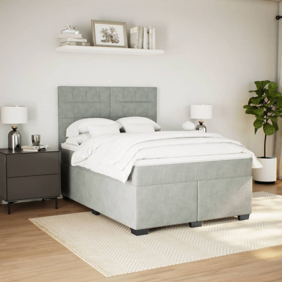 Cama box spring con colchón terciopelo gris claro 140x190