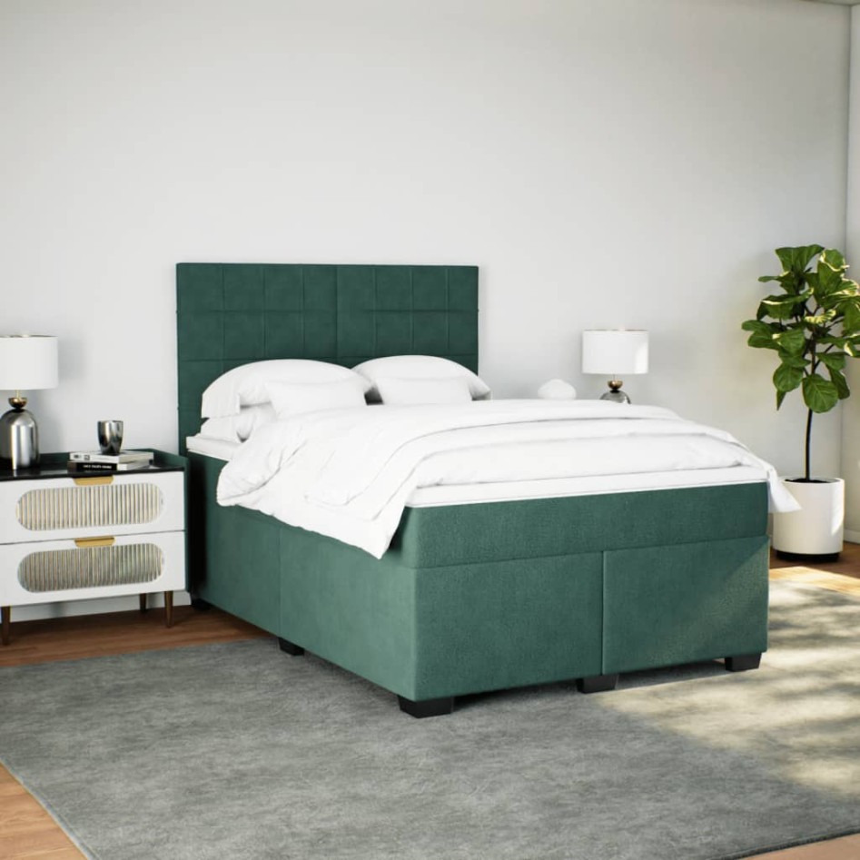 Cama box spring con colchón terciopelo verde oscuro 140x200