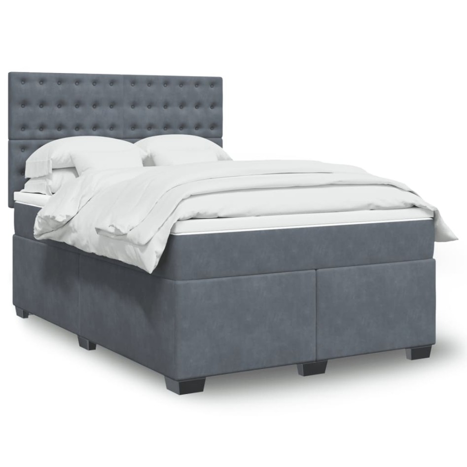 Cama box spring con colchón terciopelo gris oscuro 140x190