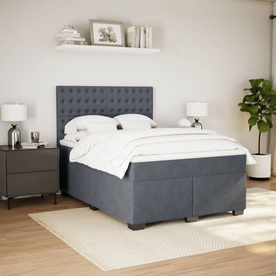 Cama box spring con colchón terciopelo gris oscuro 140x190