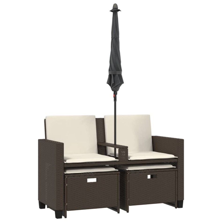 Sofá jardín 2 plazas con sombrilla y taburetes ratán PE