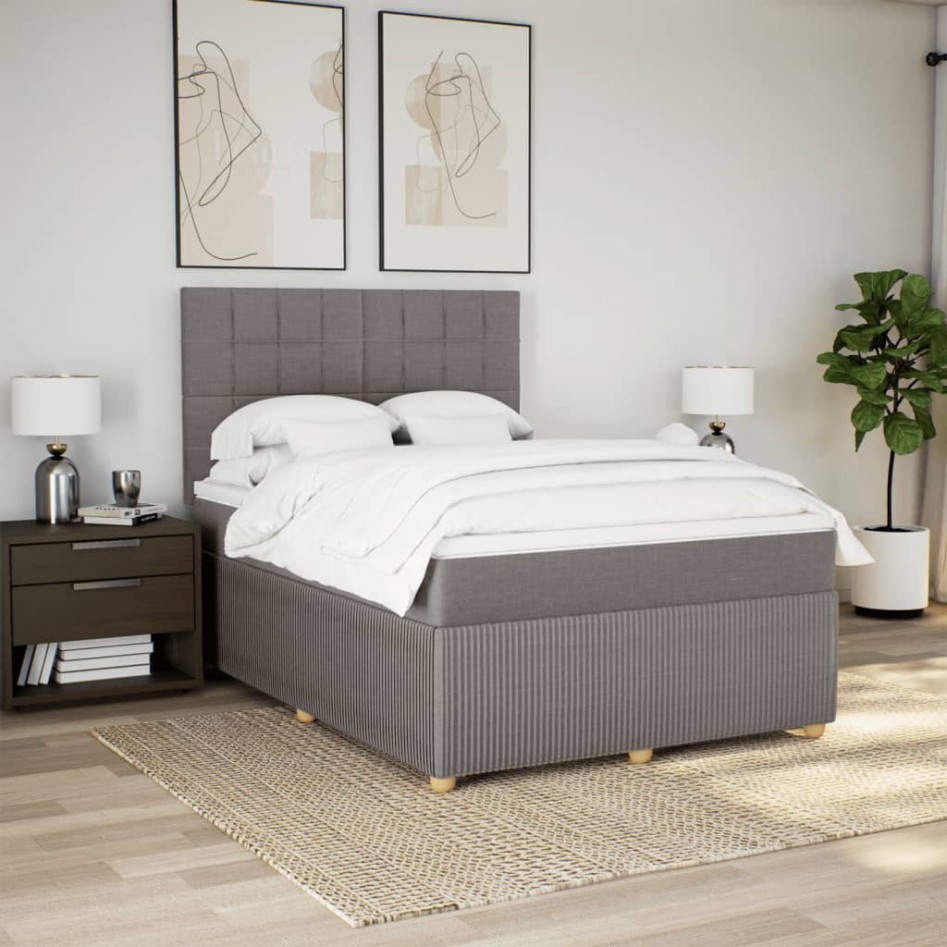 Cama box spring con colchón tela gris taupe 140x190