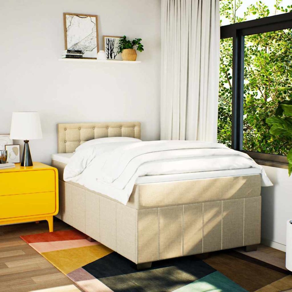 Cama box spring con colchón tela color crema 120x200