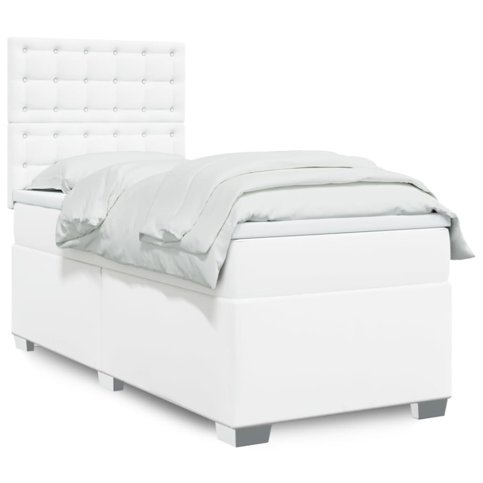 Cama box spring con colchón cuero sintético blanco 90x190