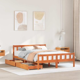 Cama sin colchón madera maciza pino marrón cera 150x200