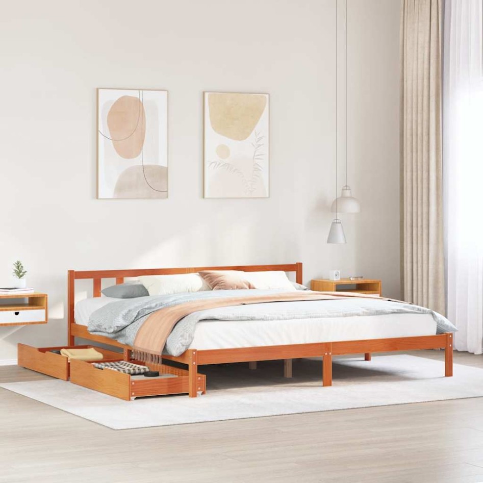 Cama sin colchón madera maciza de pino marrón cera 180x200