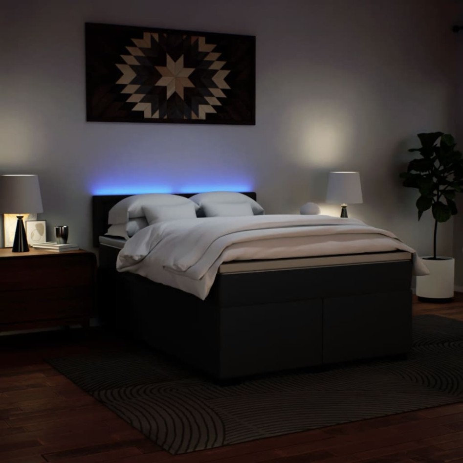 Cama box spring con colchón cuero sintético negro 140x190