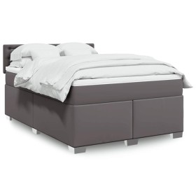Cama box spring con colchón cuero sintético gris 140x190