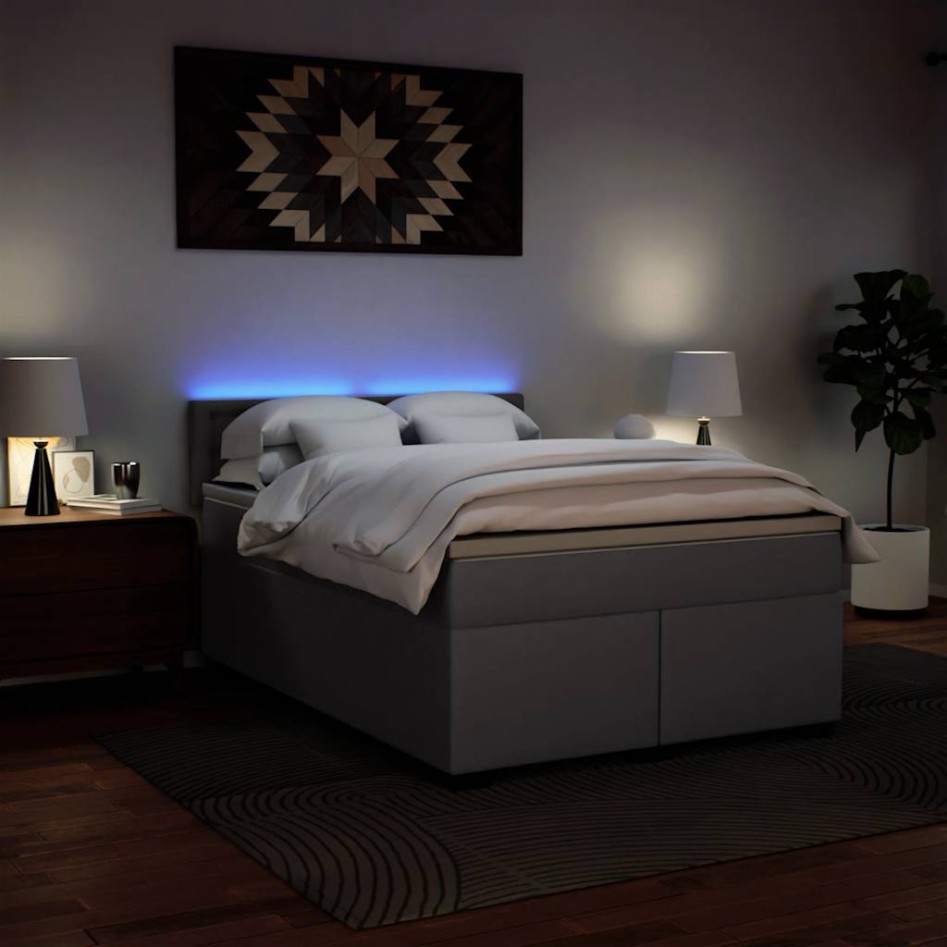 Cama box spring con colchón cuero sintético gris 140x190