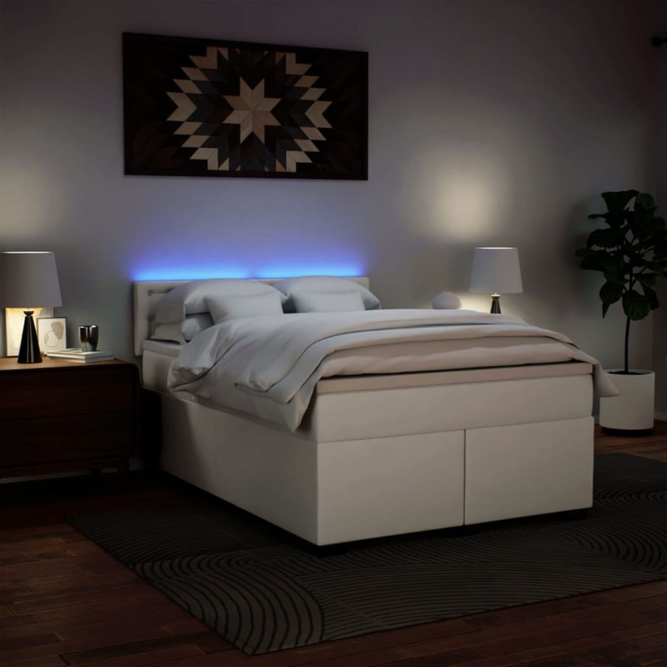 Cama box spring con colchón cuero sintético blanco 160x200