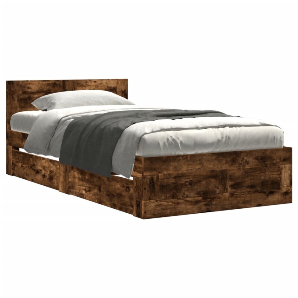 Cama con cabecero madera de ingeniería roble ahumado 100x200