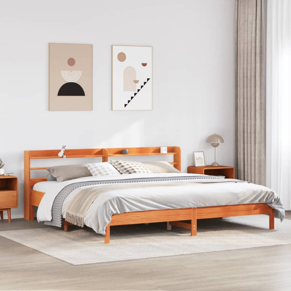 Cama sin colchón madera maciza de pino marrón cera 200x200