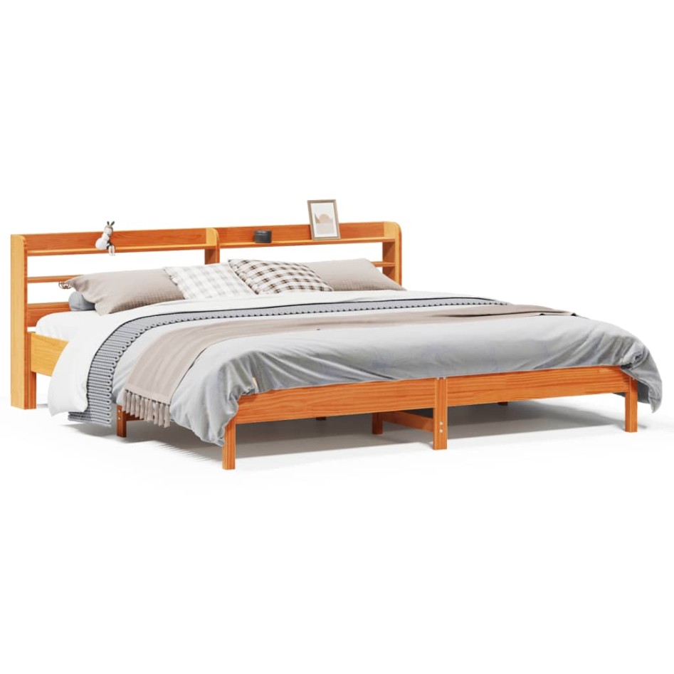 Cama sin colchón madera maciza de pino marrón cera 200x200