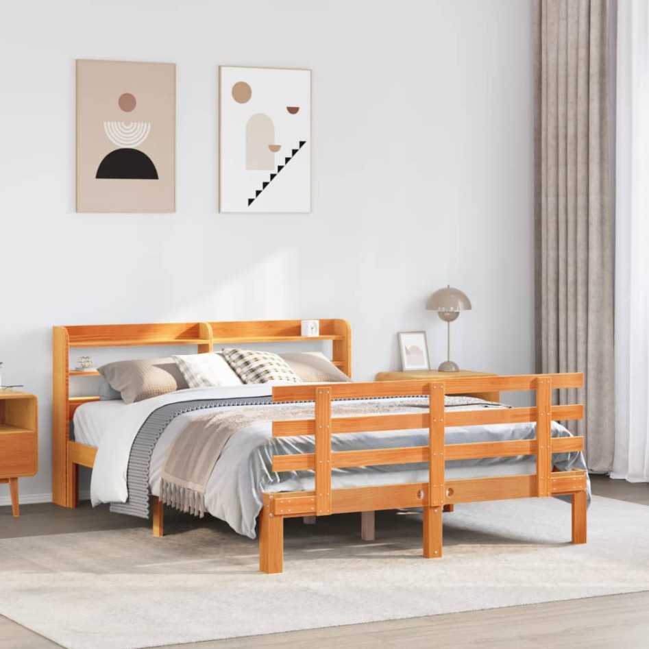 Estructura cama con cabecero madera pino marrón cera 140x190