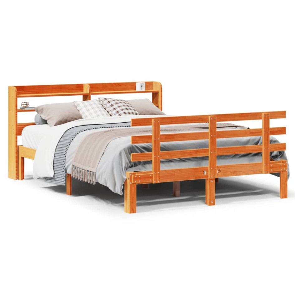 Estructura cama con cabecero madera pino marrón cera 140x190