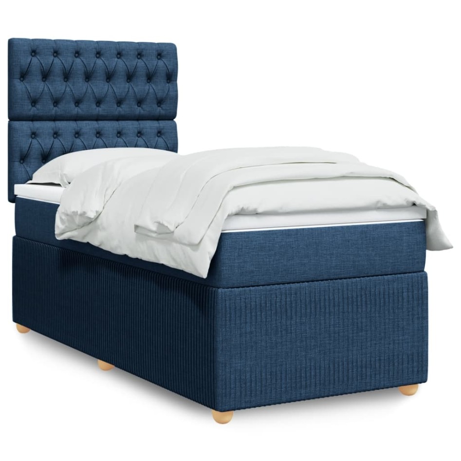 Cama box spring con colchón tela azul 100x200