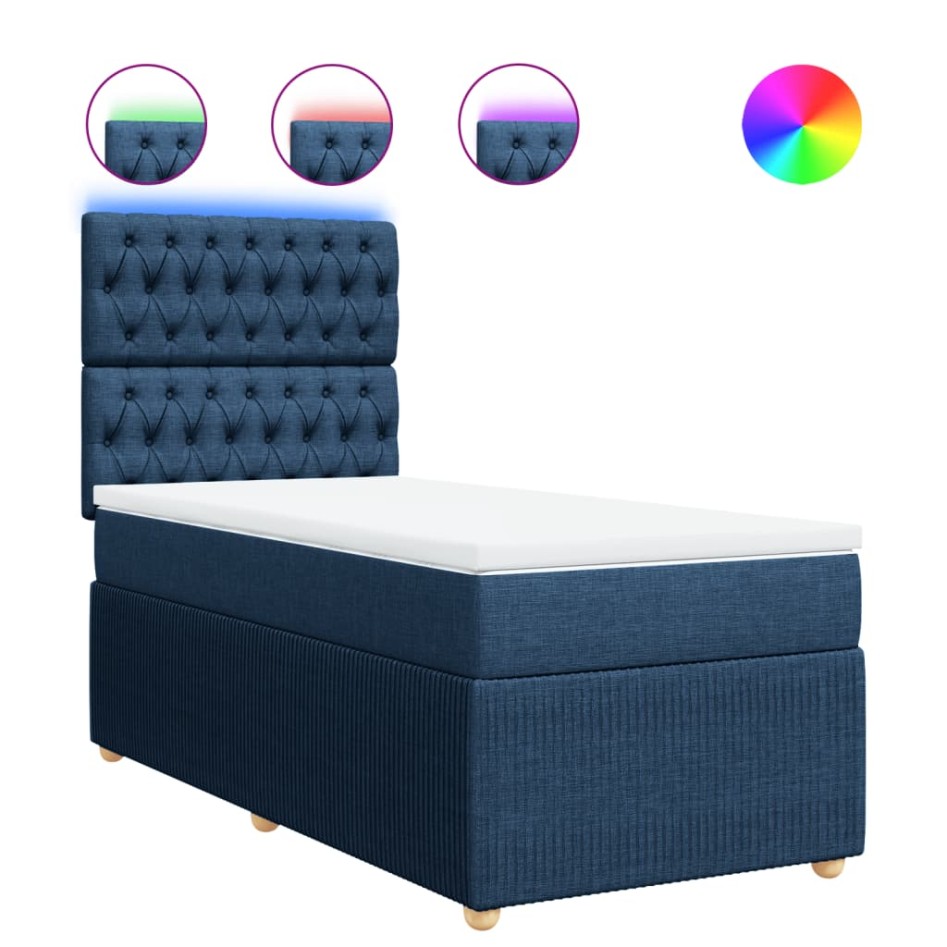 Cama box spring con colchón tela azul 100x200