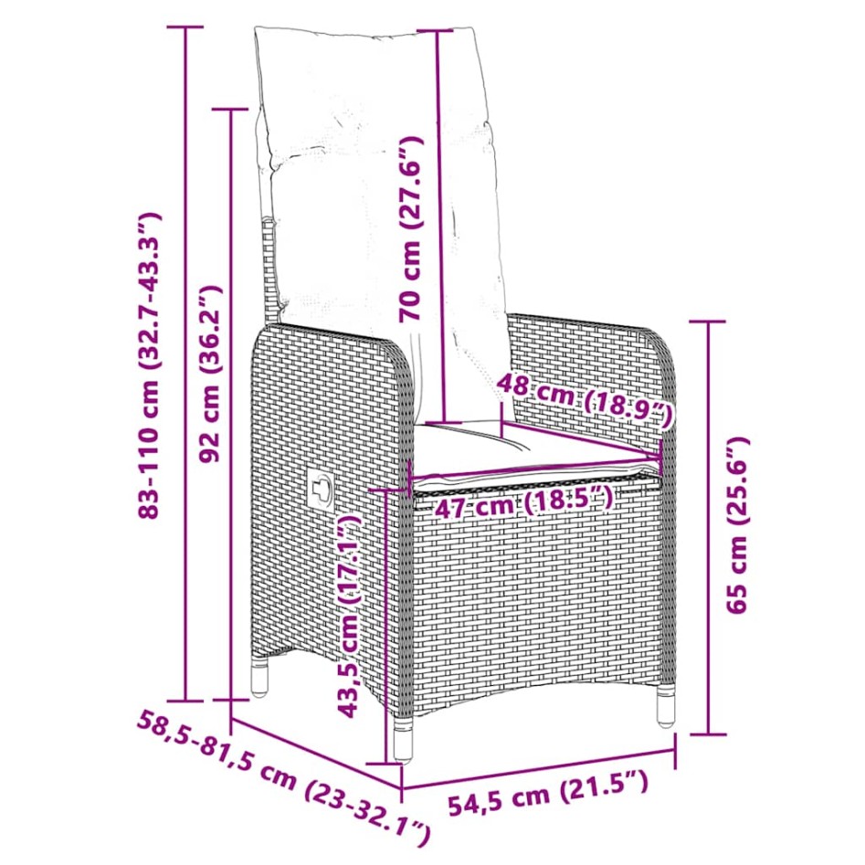 Mesita y sillas jardín 3 pzas y cojines ratán sintético