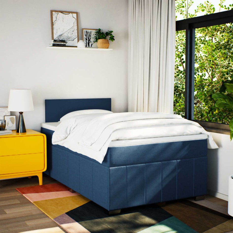 Cama box spring con colchón tela azul 120x200