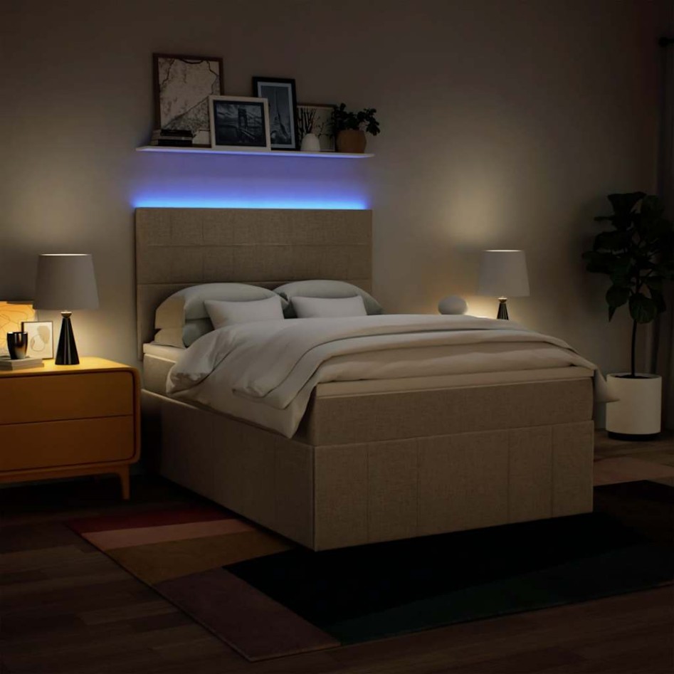 Cama box spring con colchón tela color crema 140x190