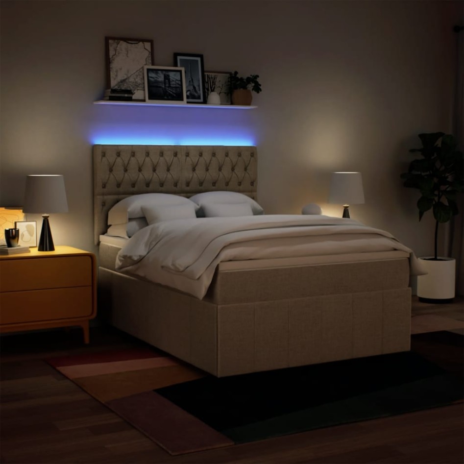 Cama box spring con colchón tela color crema 140x190