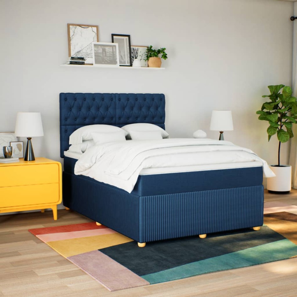 Cama box spring con colchón tela azul 140x190