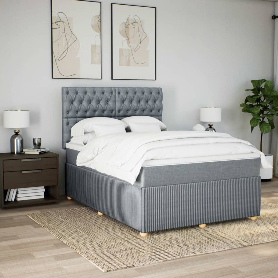 Cama box spring con colchón tela gris claro 140x190