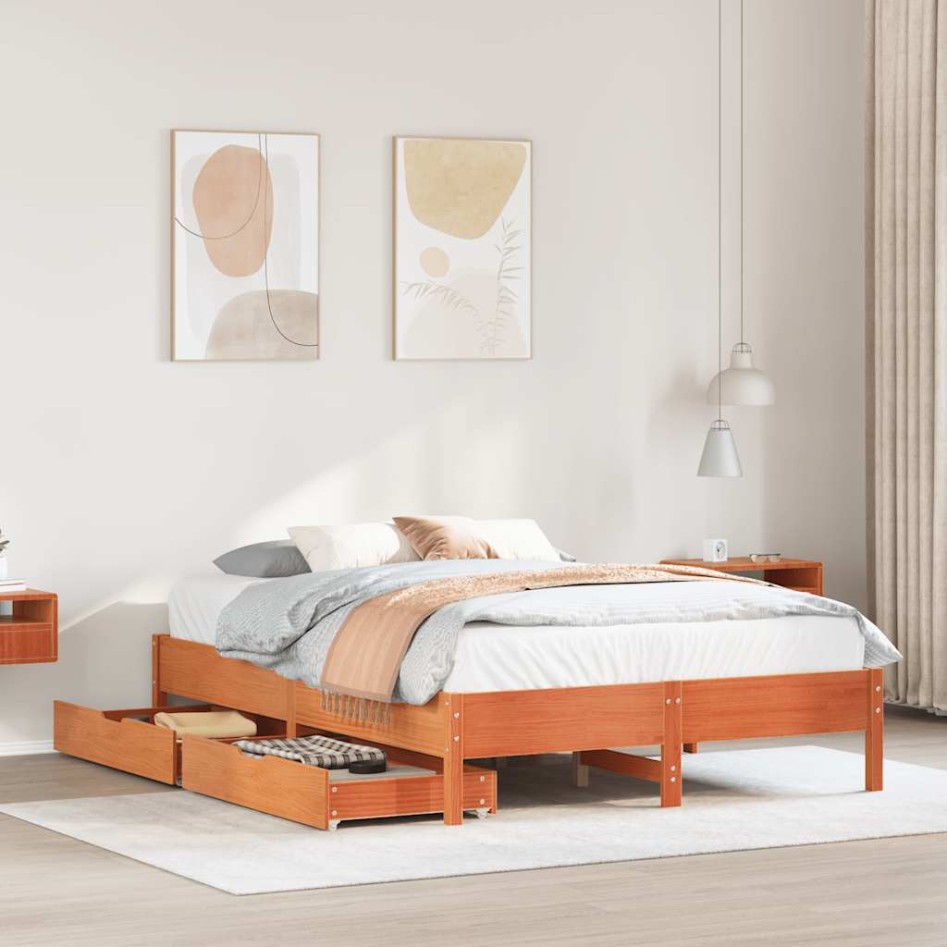 Cama sin colchón madera maciza de pino marrón cera 160x200