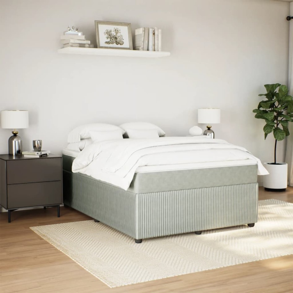 Cama box spring con colchón terciopelo gris claro 140x190