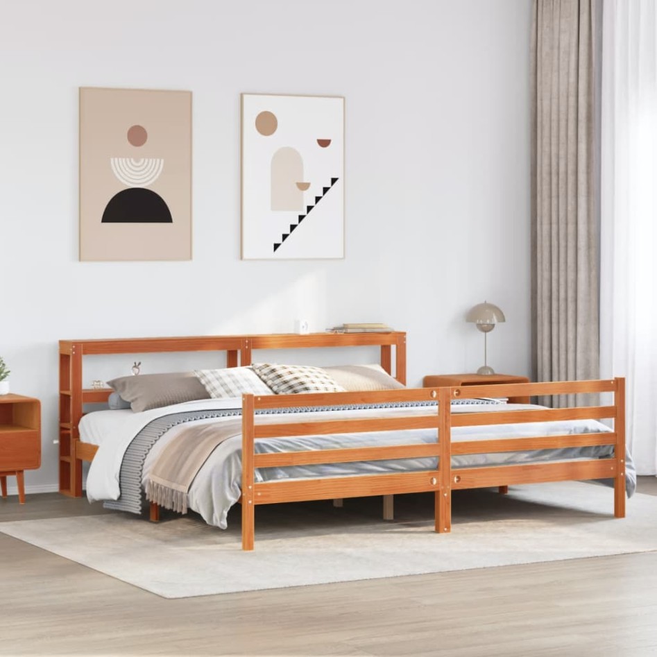 Cama sin colchón madera maciza de pino marrón cera 180x200