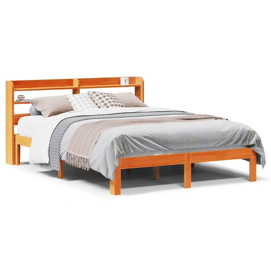 Cama sin colchón madera maciza de pino marrón cera 140x200