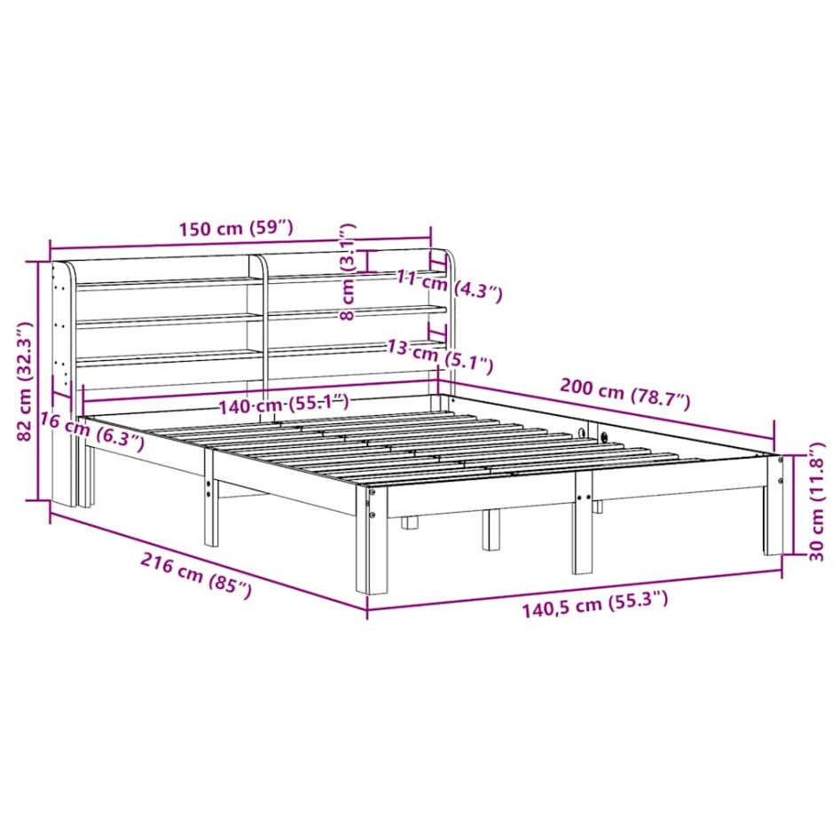 Cama sin colchón madera maciza de pino marrón cera 140x200