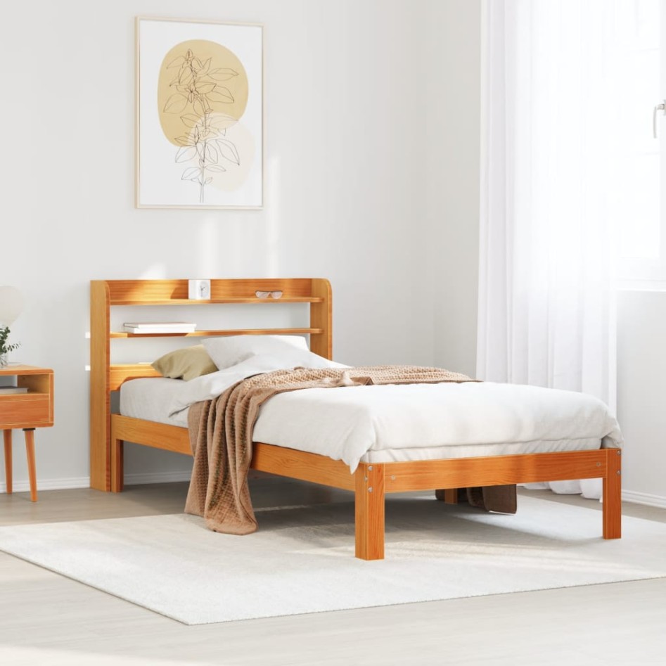 Cama sin colchón madera maciza de pino marrón cera 100x200