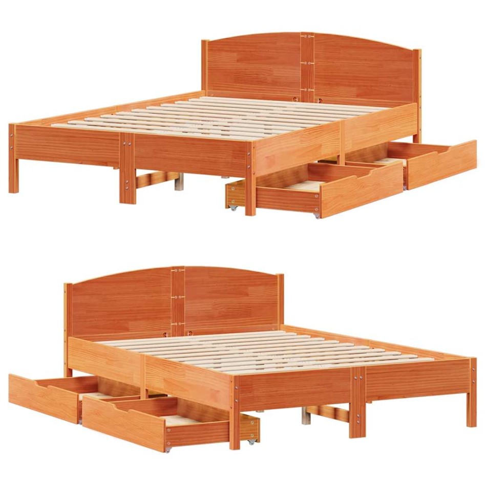 Cama sin colchón madera maciza de pino marrón cera 160x200