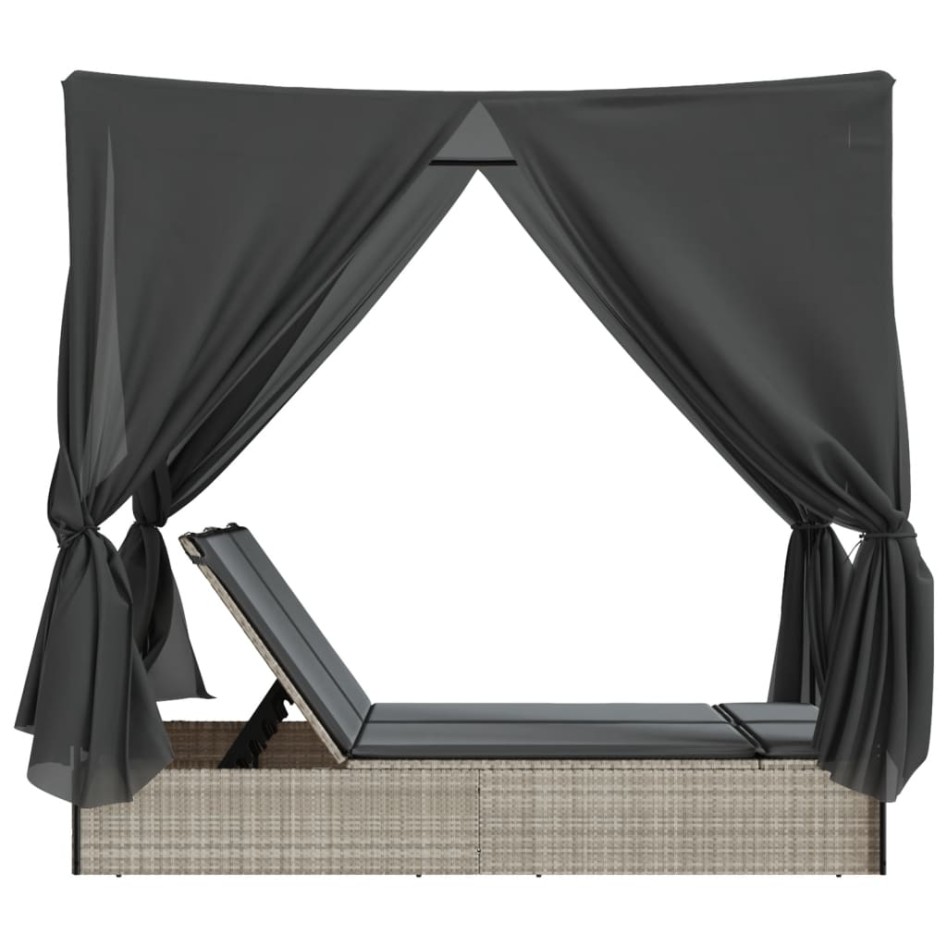 Tumbona doble con techo y cortinas ratán sintético gris
