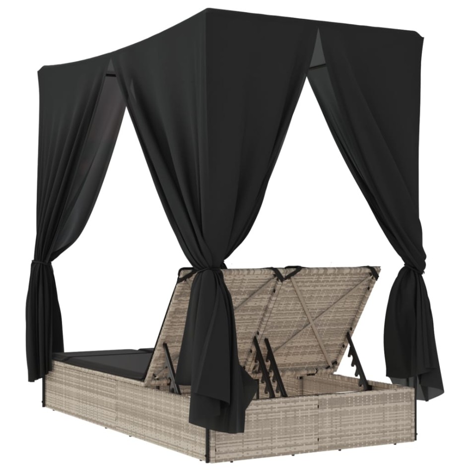 Tumbona doble con techo y cortinas ratán sintético gris