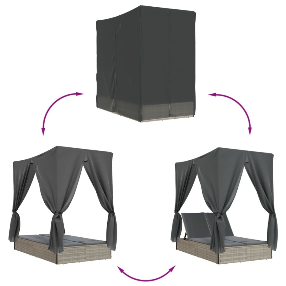 Tumbona doble con techo y cortinas ratán sintético gris