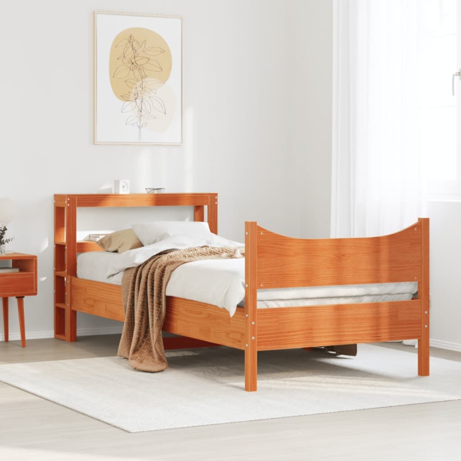 Estructura cama con cabecero madera pino marrón cera 90x200