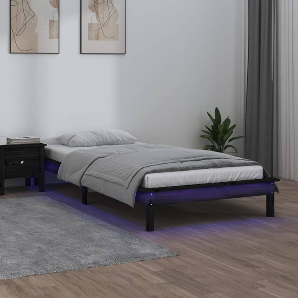 Estructura de cama con LED madera maciza negra 90x200