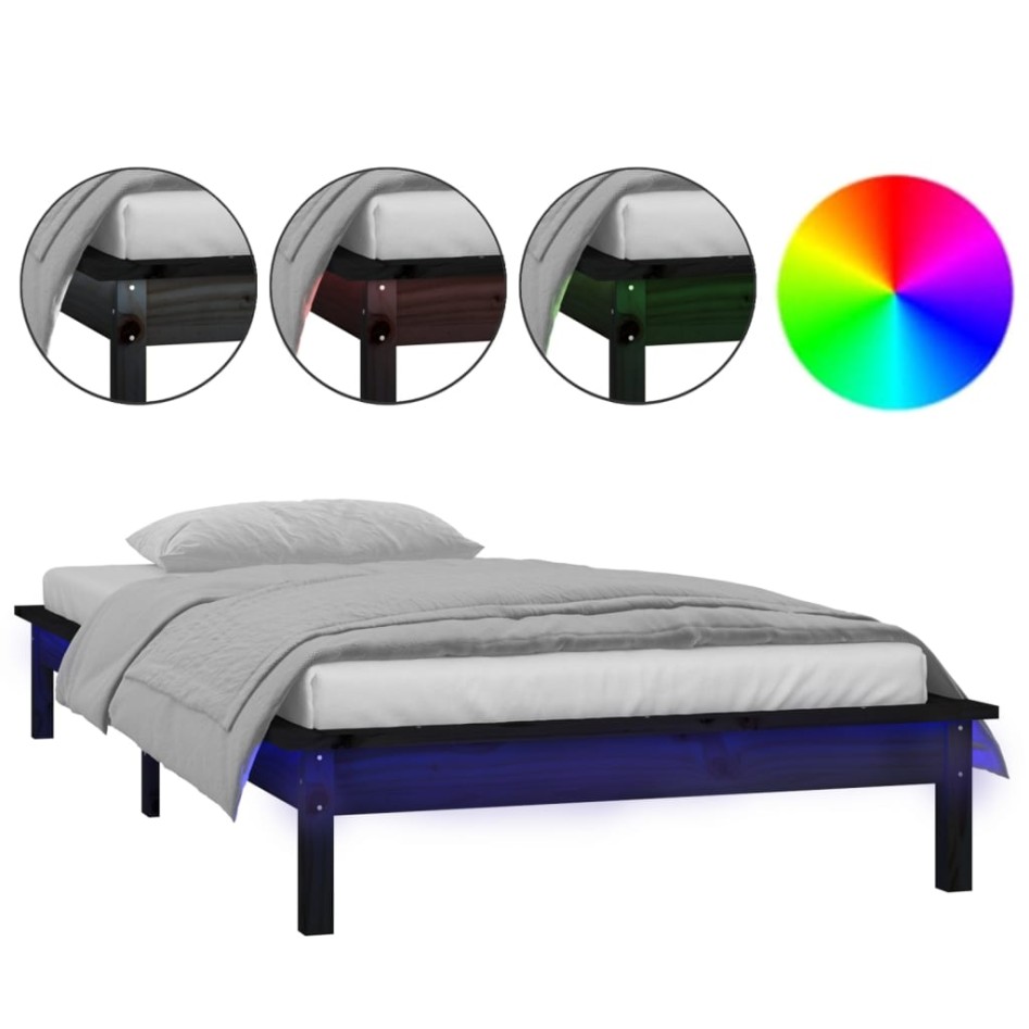 Estructura de cama con LED madera maciza negra 90x200
