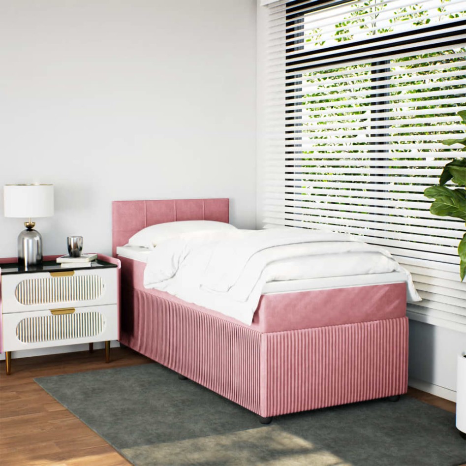 Cama box spring con colchón terciopelo rosa 90x200