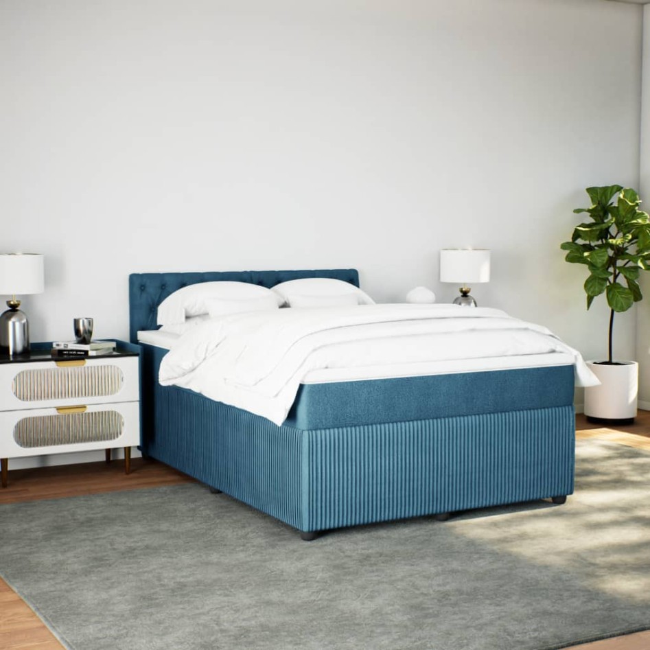 Cama box spring con colchón terciopelo azul 140x190