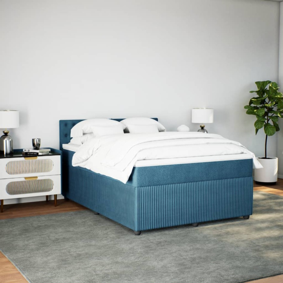 Cama box spring con colchón terciopelo azul 140x190