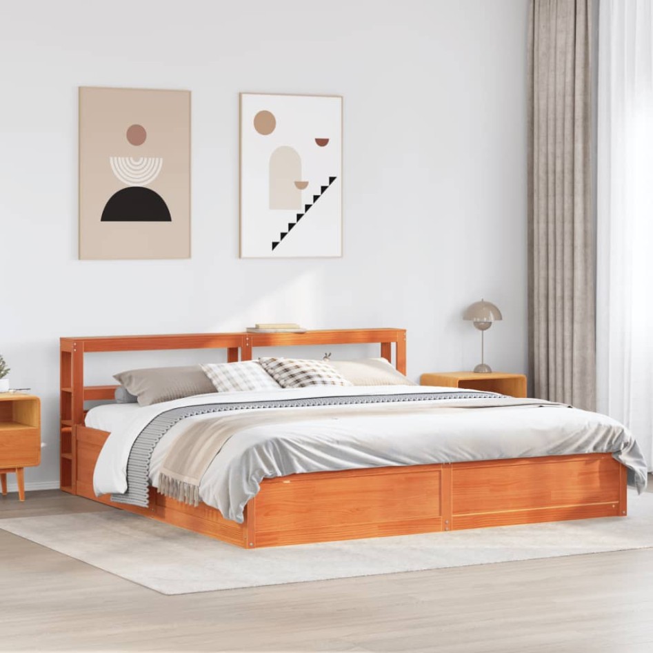 Estructura cama con cabecero madera pino marrón cera 180x200