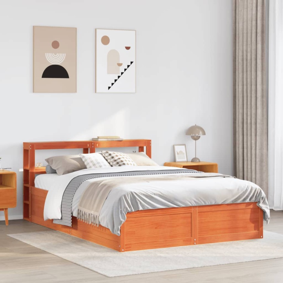 Estructura cama con cabecero madera pino marrón cera 140x190