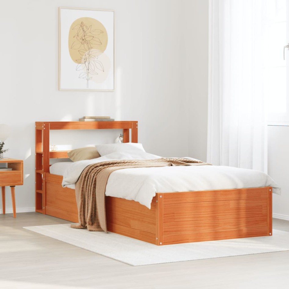 Estructura cama con cabecero madera pino marrón cera 75x190