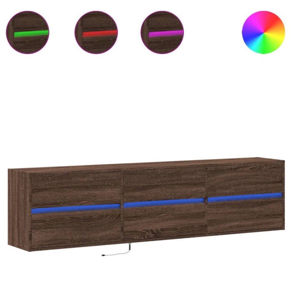 Mueble de TV de pared con LED marrón roble 180x31x45